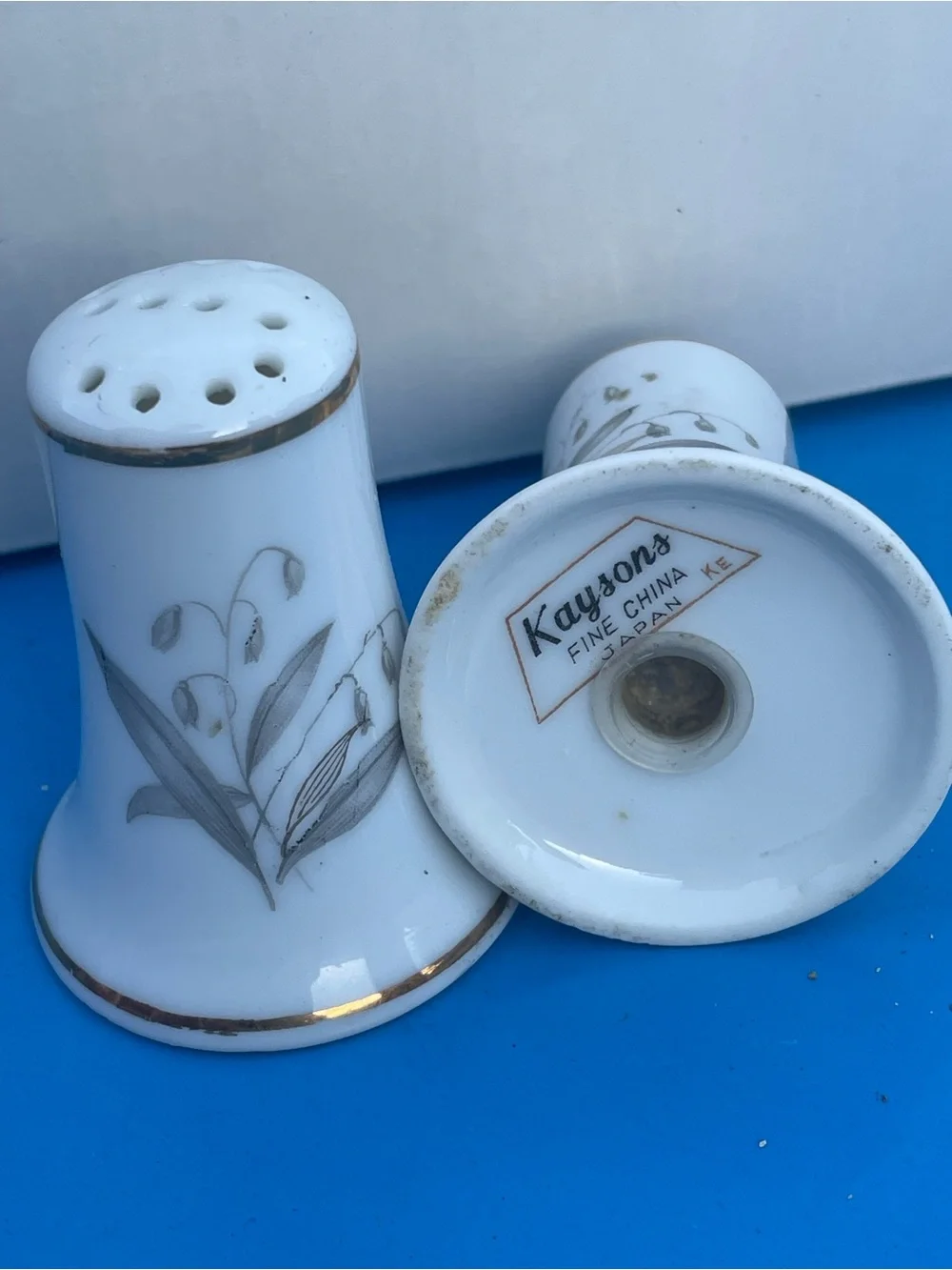 Cottagecore Porcelain White Salt & Pepper Shakers with Floral Motif & gold trim